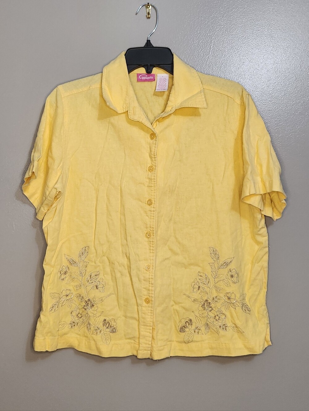 Cappagallo Yellow Button-Front Linen Blend Shirt with Floral Accents Size Large
